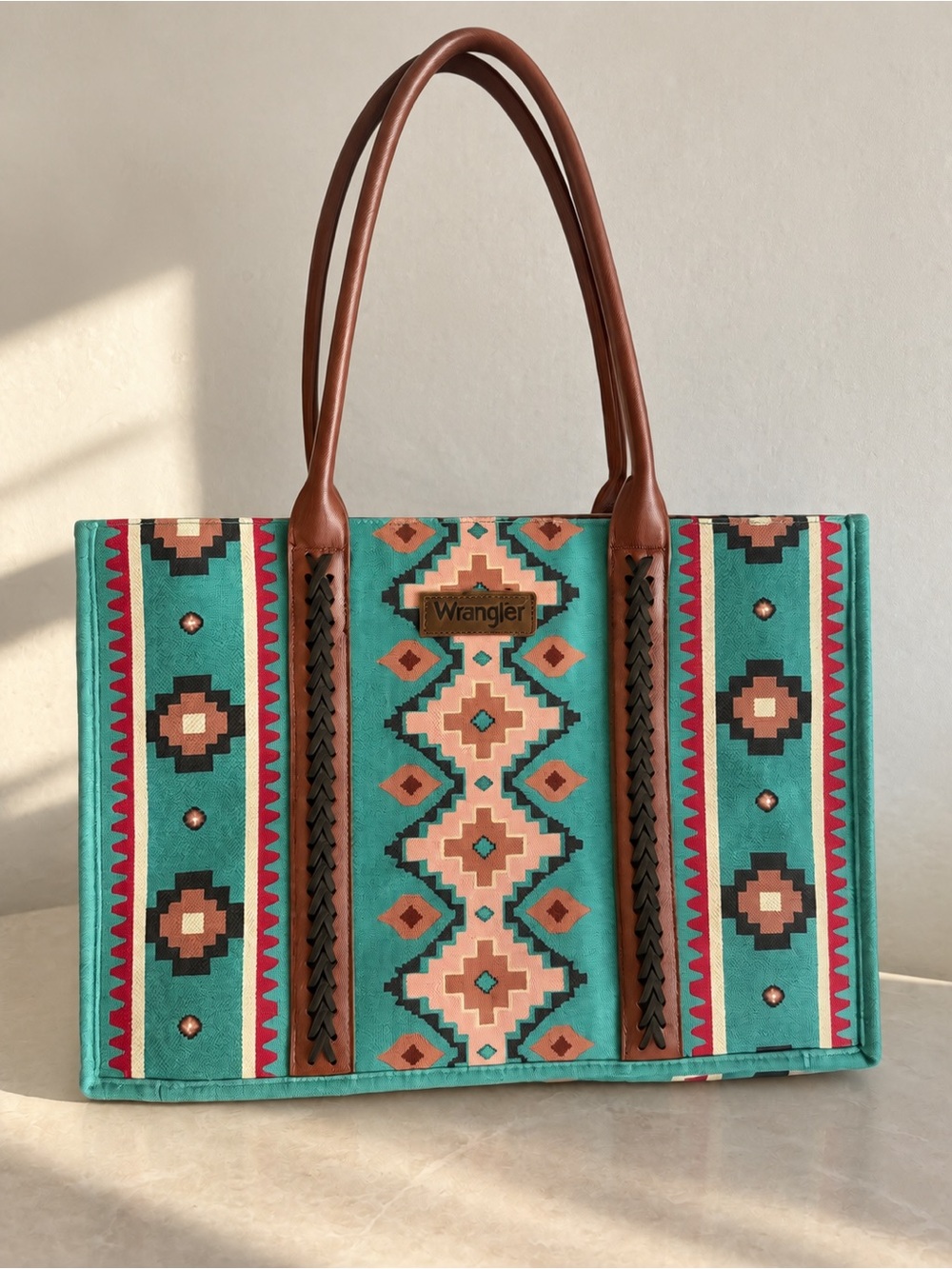 Wrangler Turquoise Aztec-Pattern Tote with Brown Leather Handles